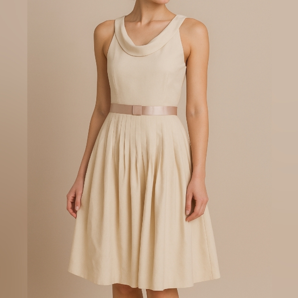 Anthropologie Moulinette Soeurs Cream Pleated Dress 8 Retro Old Money Silk Blend